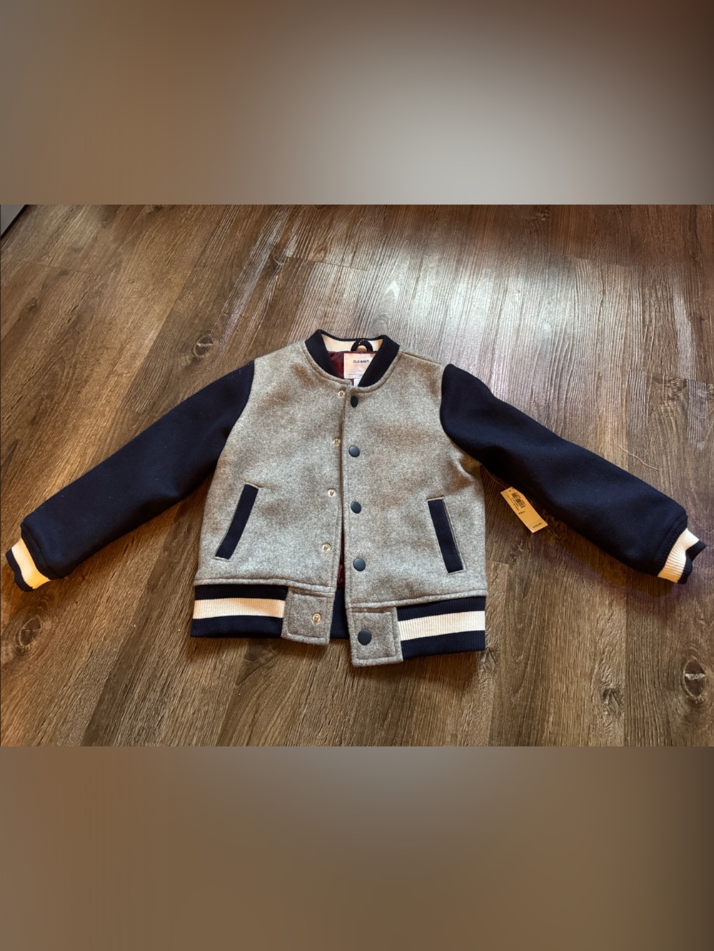 Old Navy Grey and Navy Varsity Jacket with Contrast Stripes, New